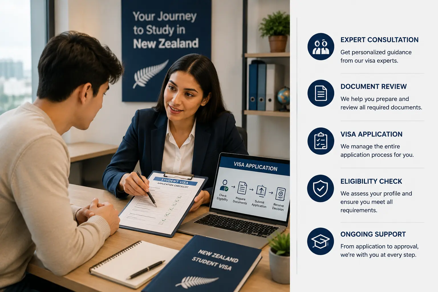 Education consultant explaining New Zealand student visa requirements to an international student