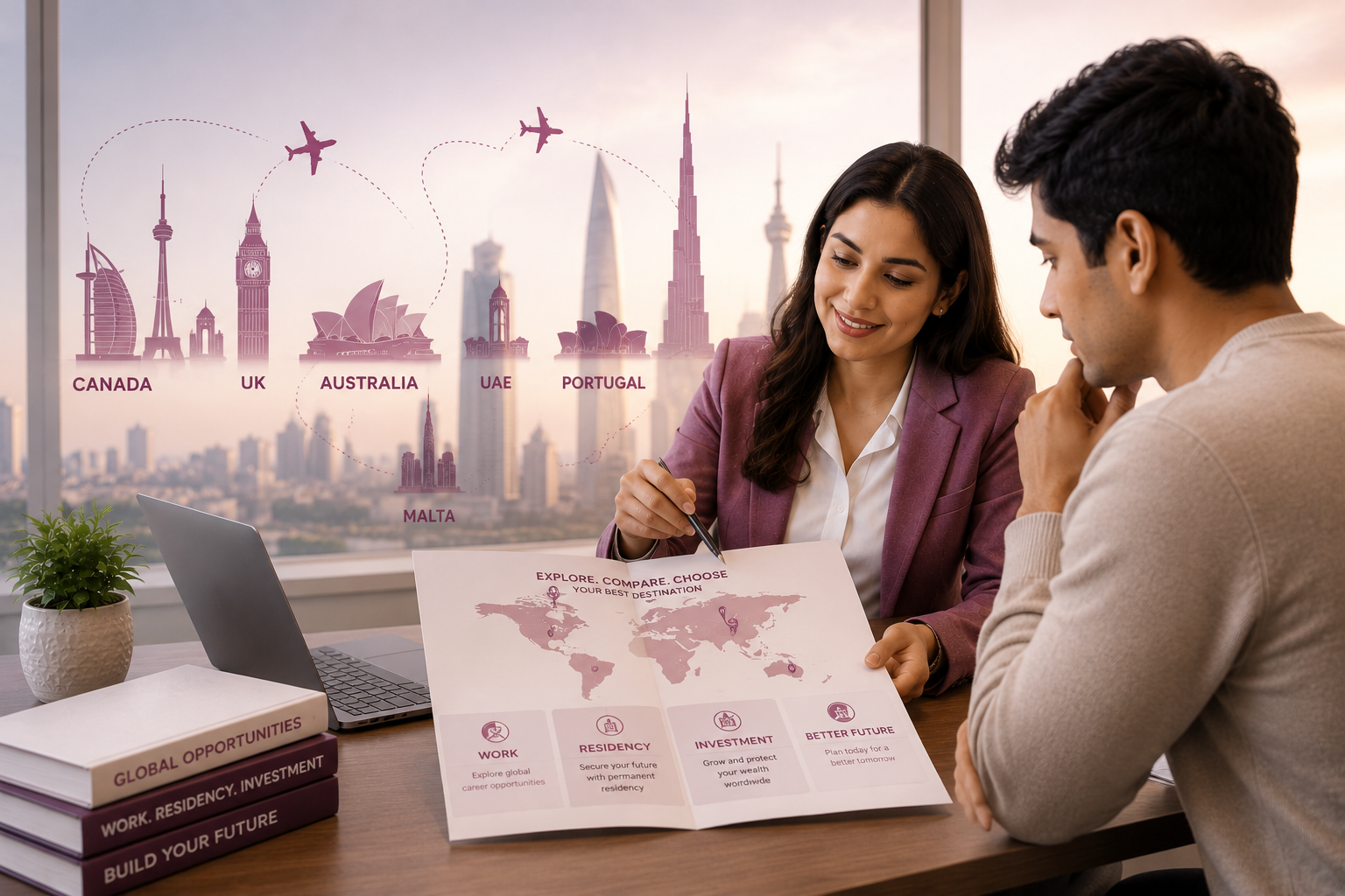 Professional immigration consultant helping a client compare global immigration opportunities for work, residency, and investment, providing personalised guidance to choose the best destination for long-term success.