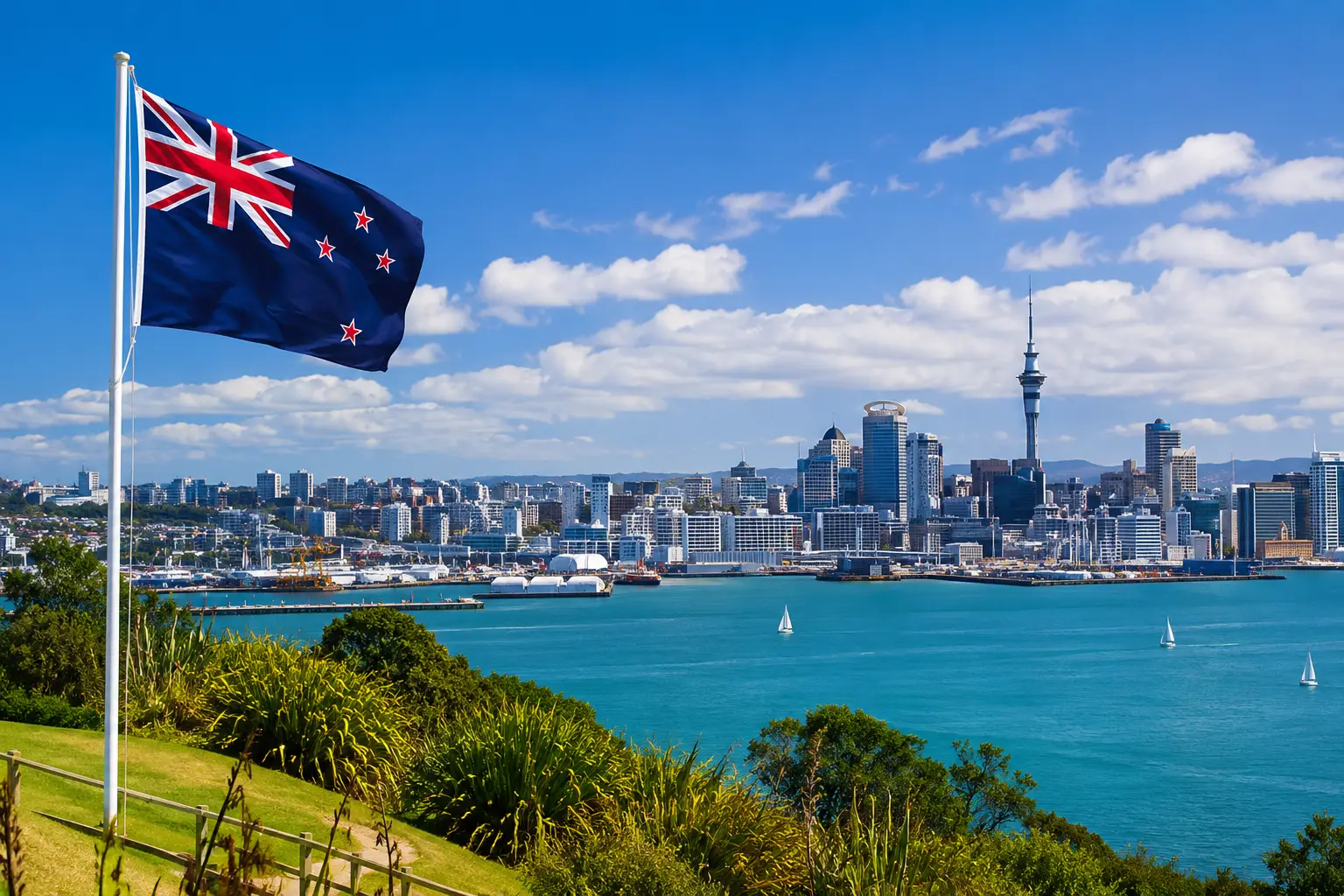 New Zealand student visa study destination with Auckland skyline and New Zealand flag for international students