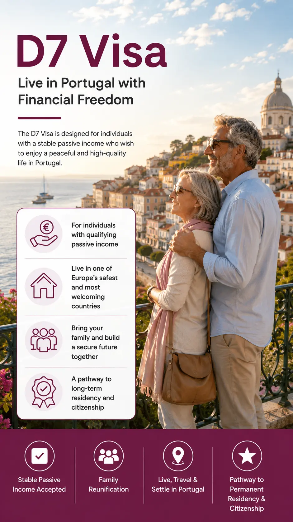 Portugal D7 Visa lifestyle with a couple overlooking Lisbon, highlighting long-term residency and quality of life.