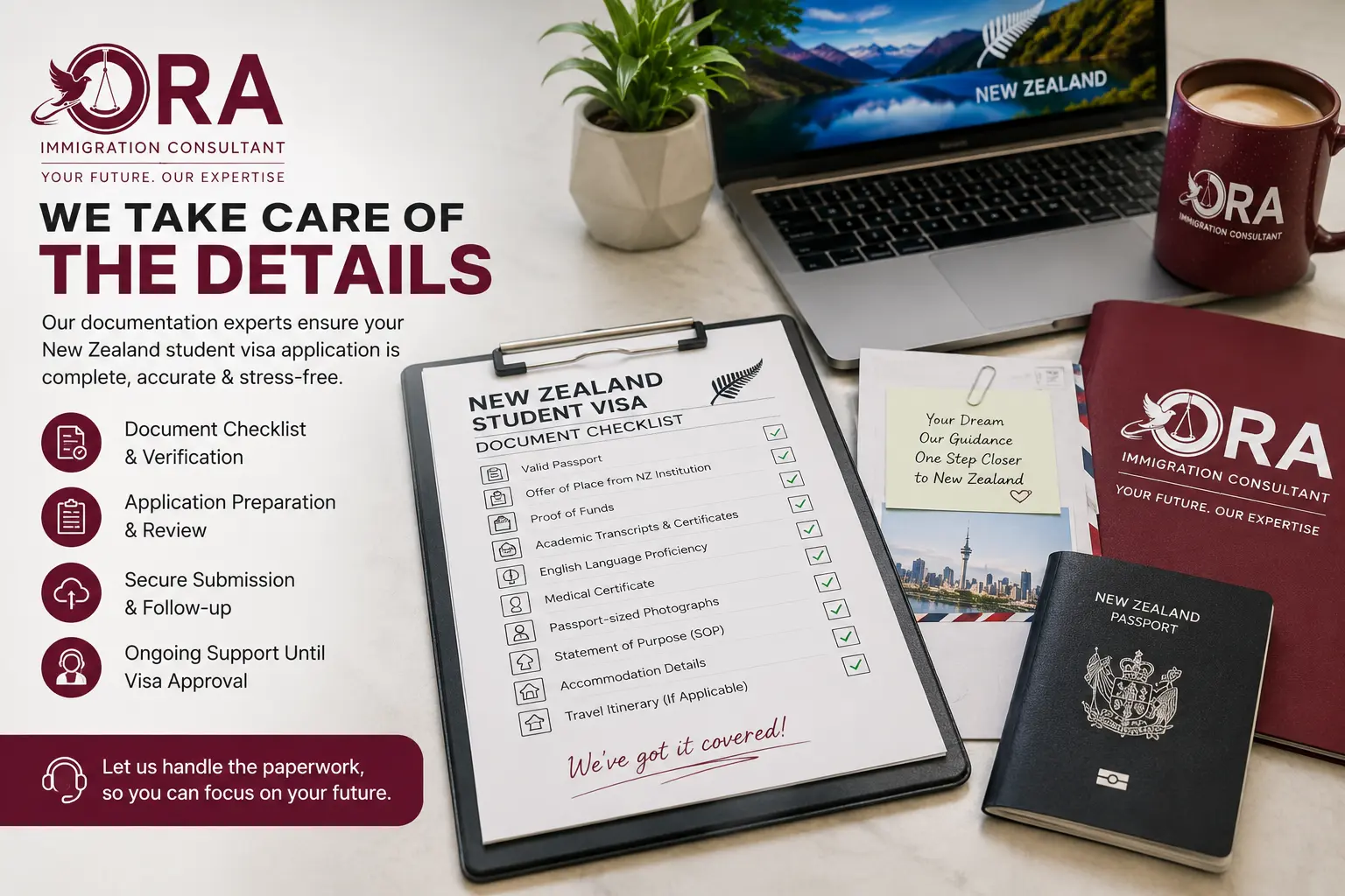 Ora Immigration consultant reviewing New Zealand student visa documents with an international student