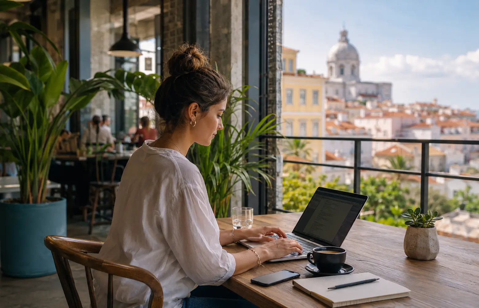 Remote professional working from a café in Lisbon using the Portugal Digital Nomad Visa