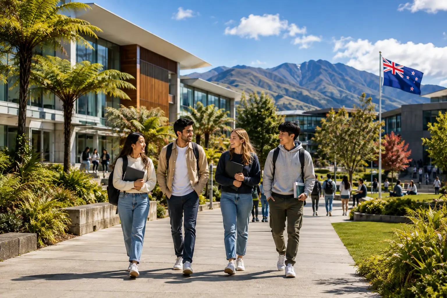 International students studying at a modern university campus in New Zealand