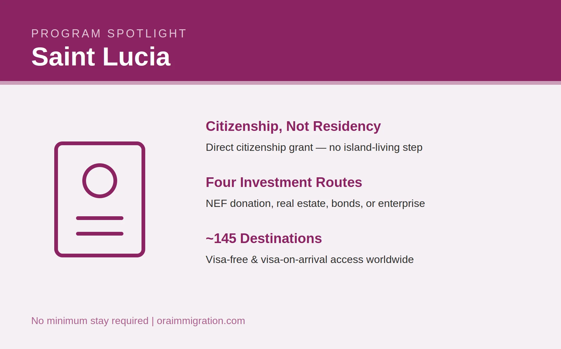 Saint Lucia investment citizenship program overview: direct citizenship, four investment routes, 145 visa-free destinations